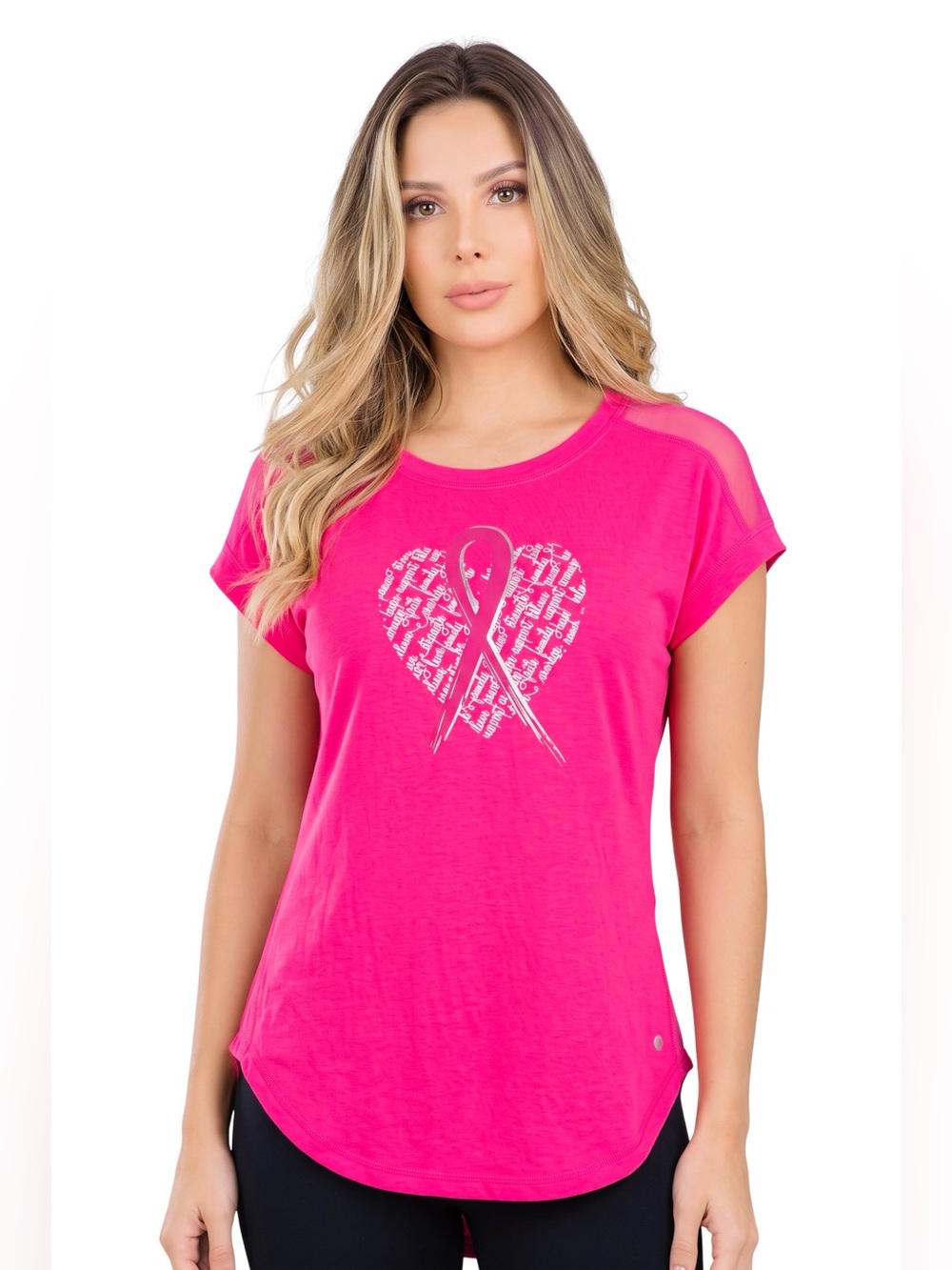 Xersion Hot Pink Short Sleeve Breast Cancer Heart Ribbon with Mesh Tee